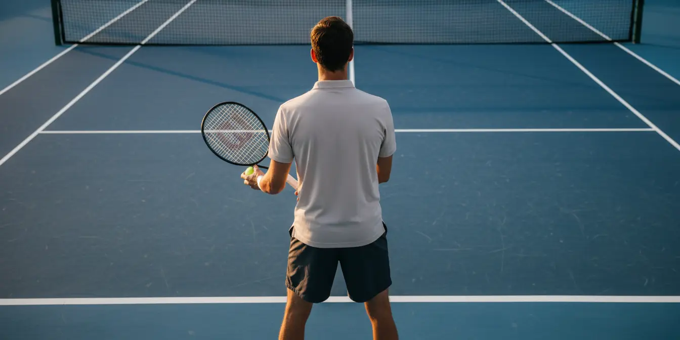 Jugador de tenis concentrado preparando el saque visto desde detrás de la línea de fondo