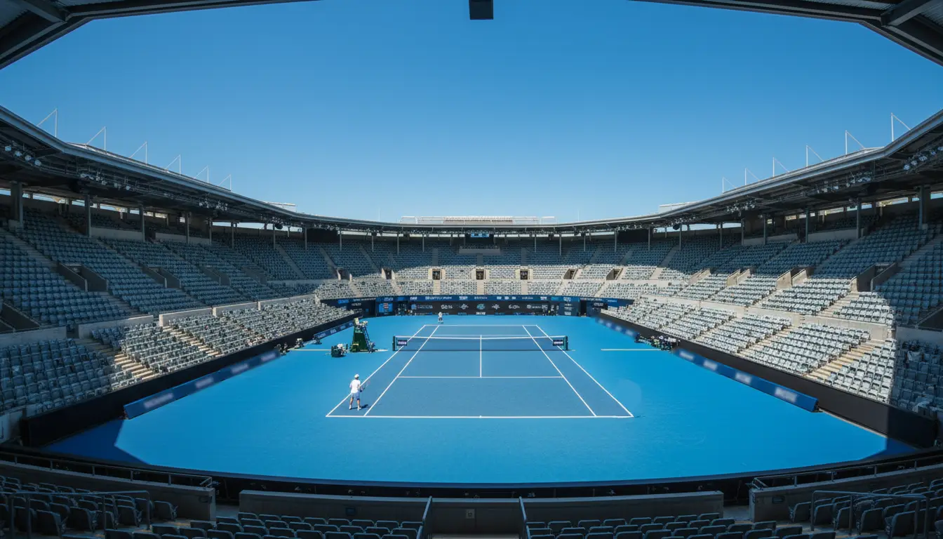Pista de tenis de superficie dura azul del Australian Open bajo el cielo despejado de Melbourne