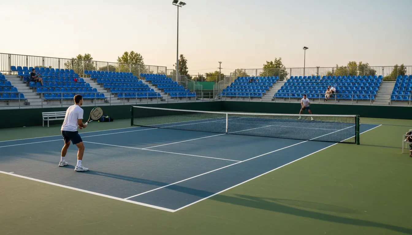Pista de tenis de un torneo menor con gradas pequeñas y un jugador al fondo sirviendo