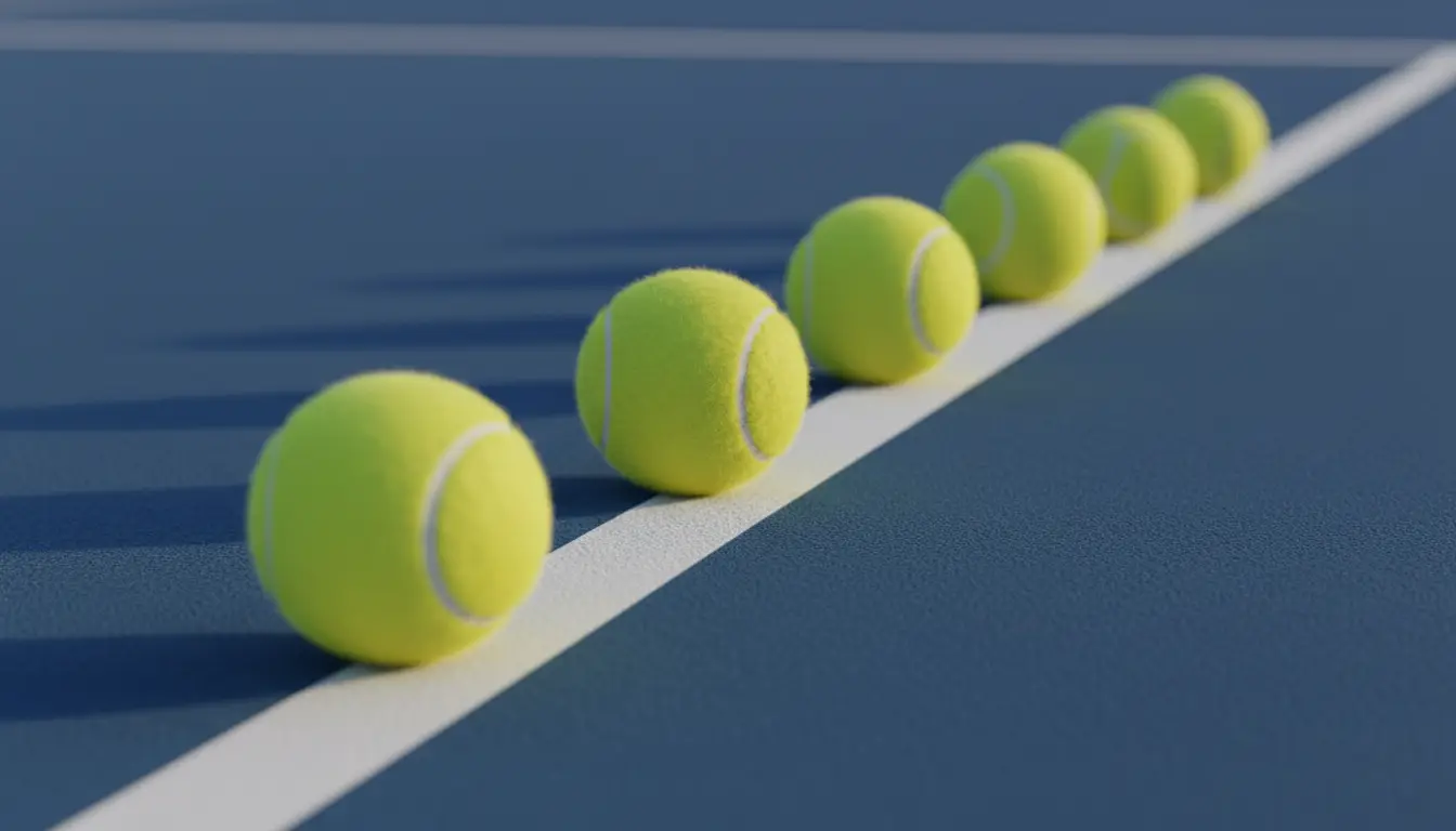 Varias pelotas de tenis alineadas sobre una pista con líneas blancas convergentes