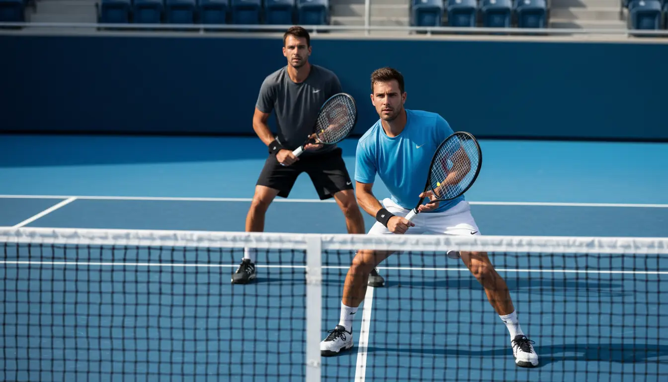Dos jugadores de tenis en formación de dobles junto a la red en una pista dura azul