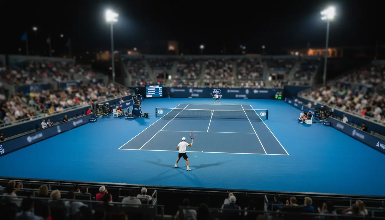 Partido de tenis en directo visto desde la grada con el marcador electrónico iluminado
