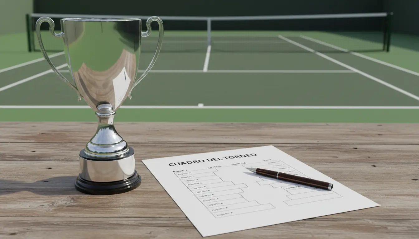 Trofeo de tenis sobre una mesa con un cuadro de torneo impreso y un bolígrafo al lado