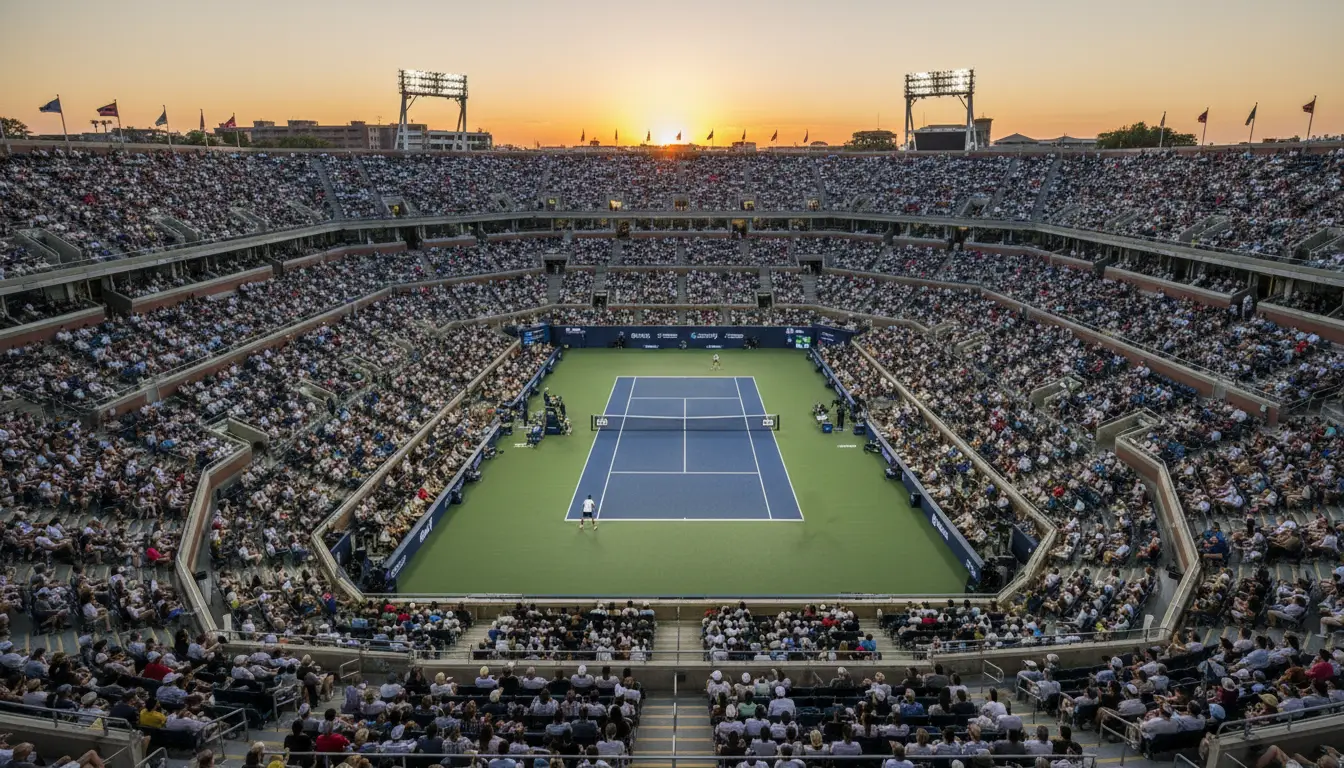 Estadio de tenis lleno de público durante un torneo Masters 1000 en pista dura