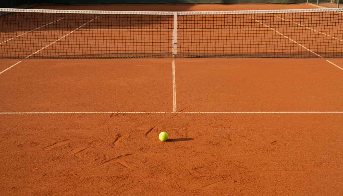 Pista de tierra batida de Roland Garros con las líneas blancas y la red bajo la luz de la tarde