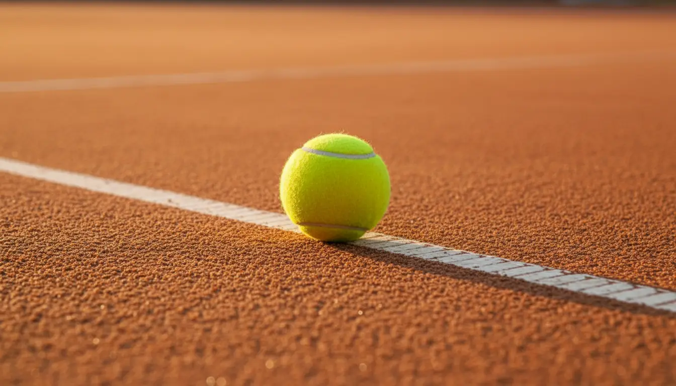 Pelota de tenis sobre una pista de tierra batida iluminada por la luz del atardecer