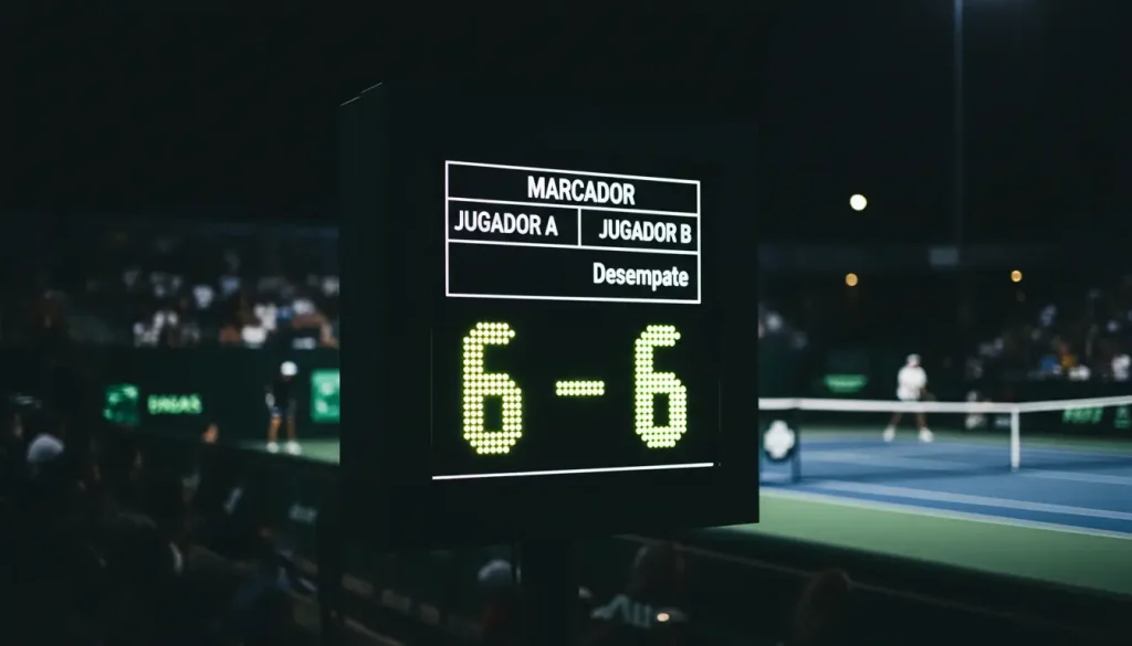 Marcador de tenis mostrando un empate 6-6 en un set con la pista al fondo