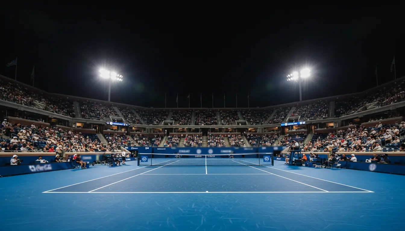 Pista central del US Open iluminada de noche con la superficie dura azul y las gradas llenas