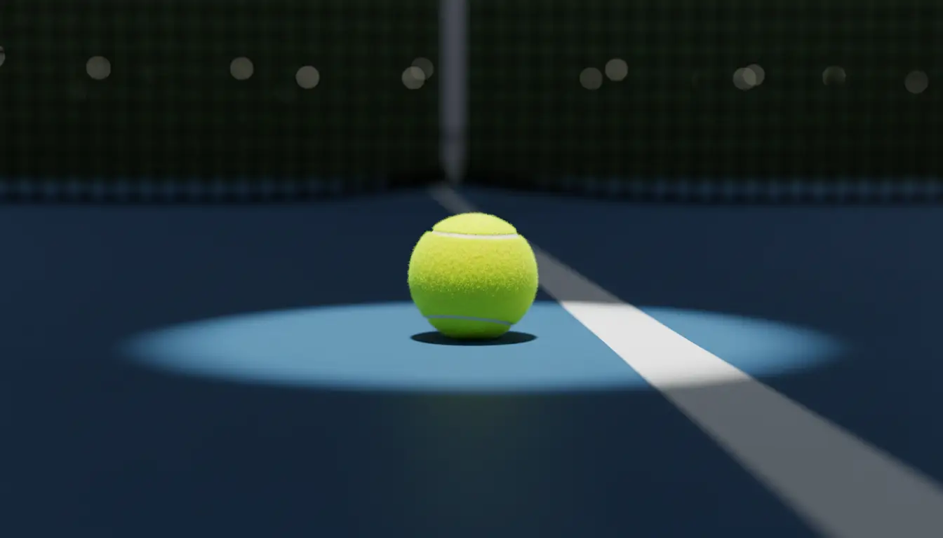 Pelota de tenis iluminada sobre una pista dura con la red desenfocada al fondo