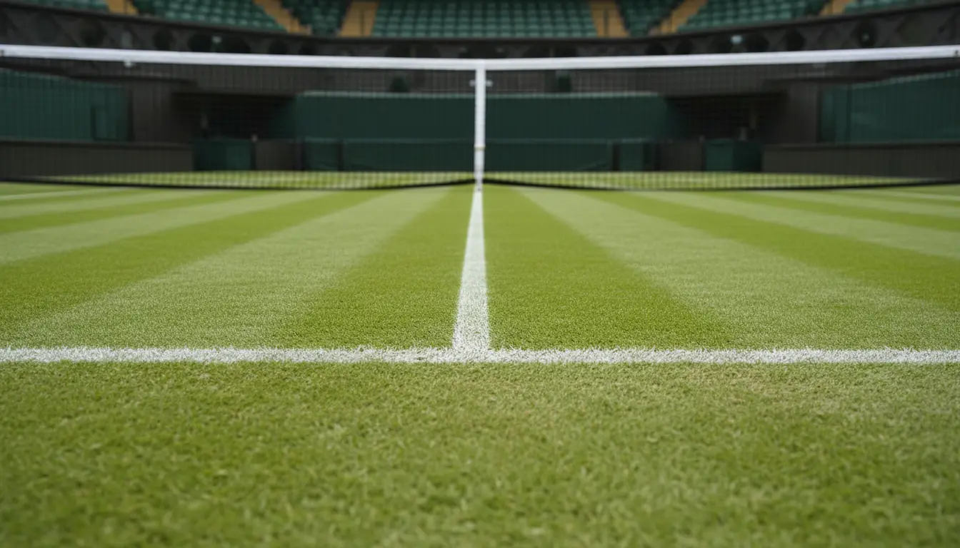 Pista de hierba de Wimbledon con la red centrada y las líneas blancas recién pintadas