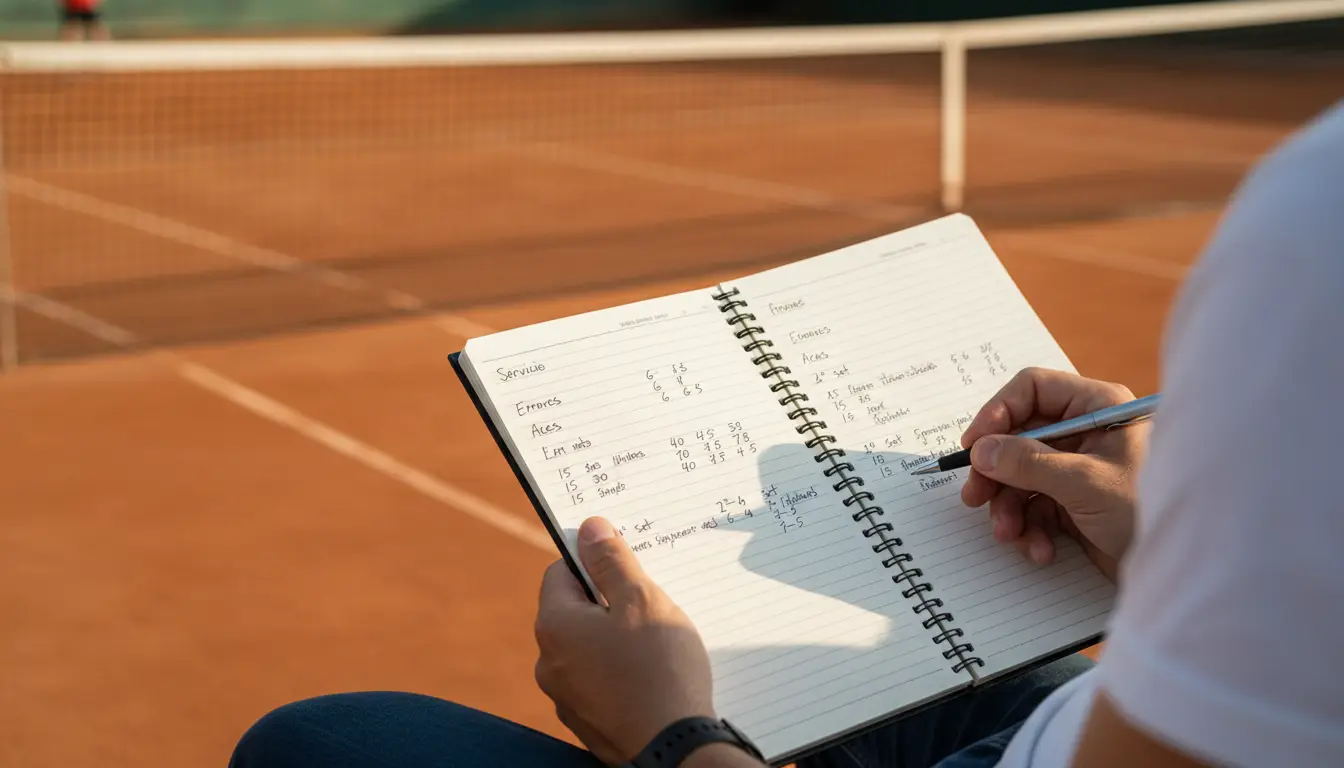 Persona analizando estadísticas de tenis con un bolígrafo y un cuaderno junto a una pista