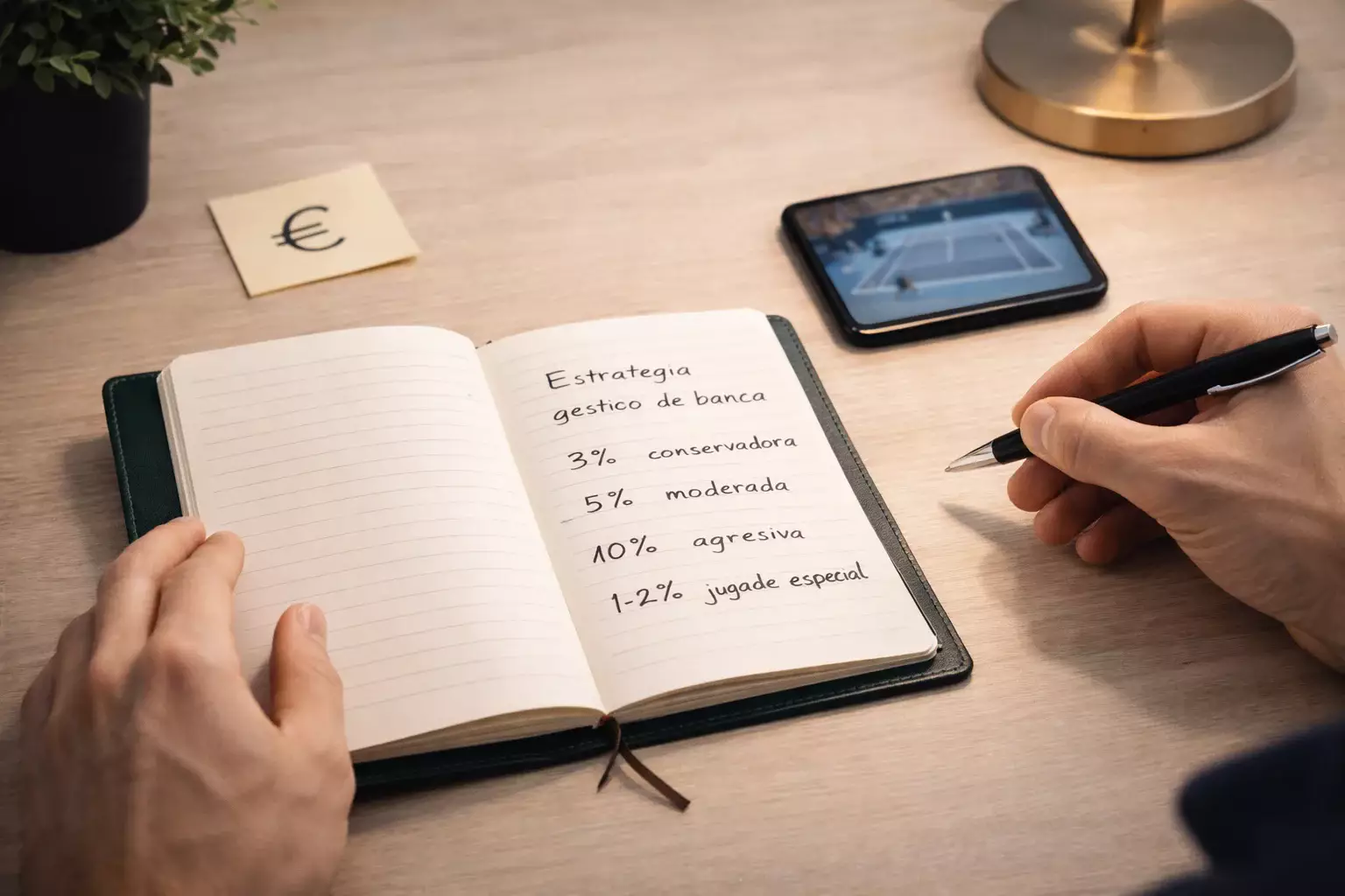 Persona planificando estrategia de apuestas con libreta y notas organizadas