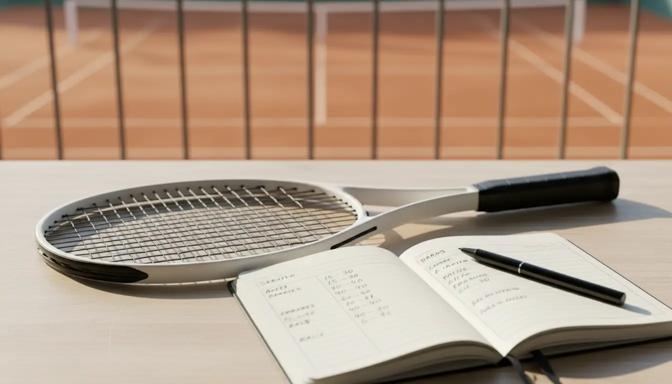 Cuaderno abierto con anotaciones y una raqueta de tenis apoyada sobre una mesa