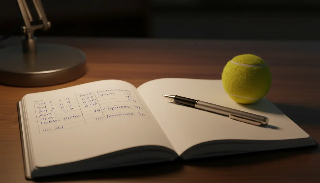 Cuaderno con anotaciones numéricas y un bolígrafo sobre una mesa junto a una pelota de tenis