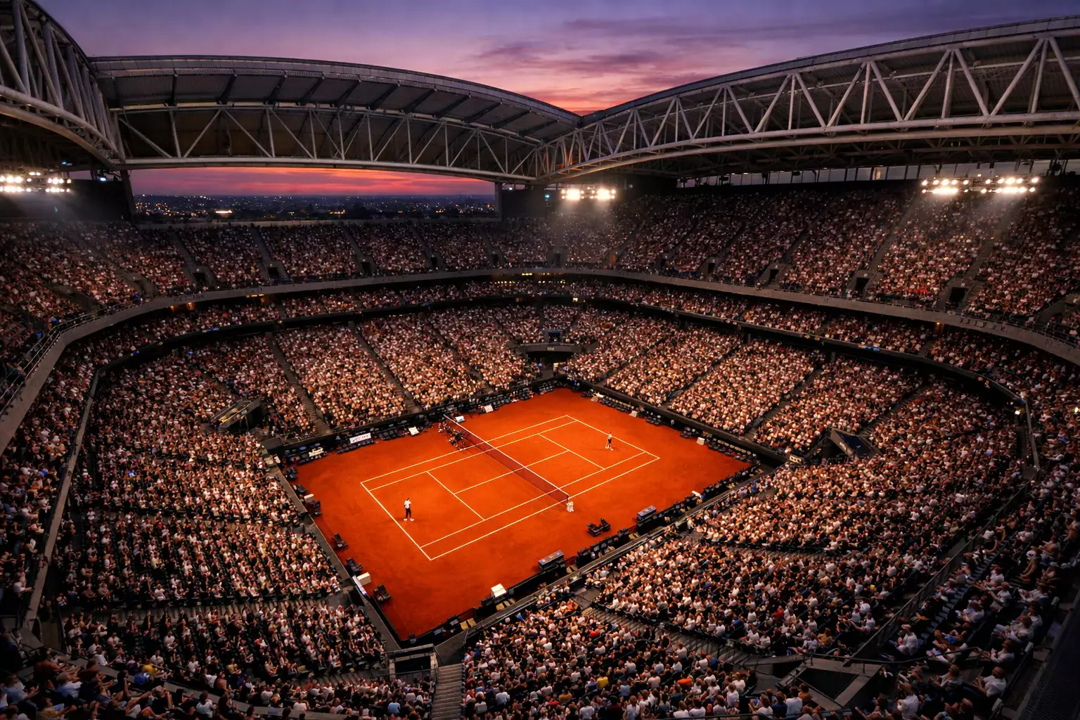 Vista panorámica de un estadio de tenis durante un torneo Grand Slam con público