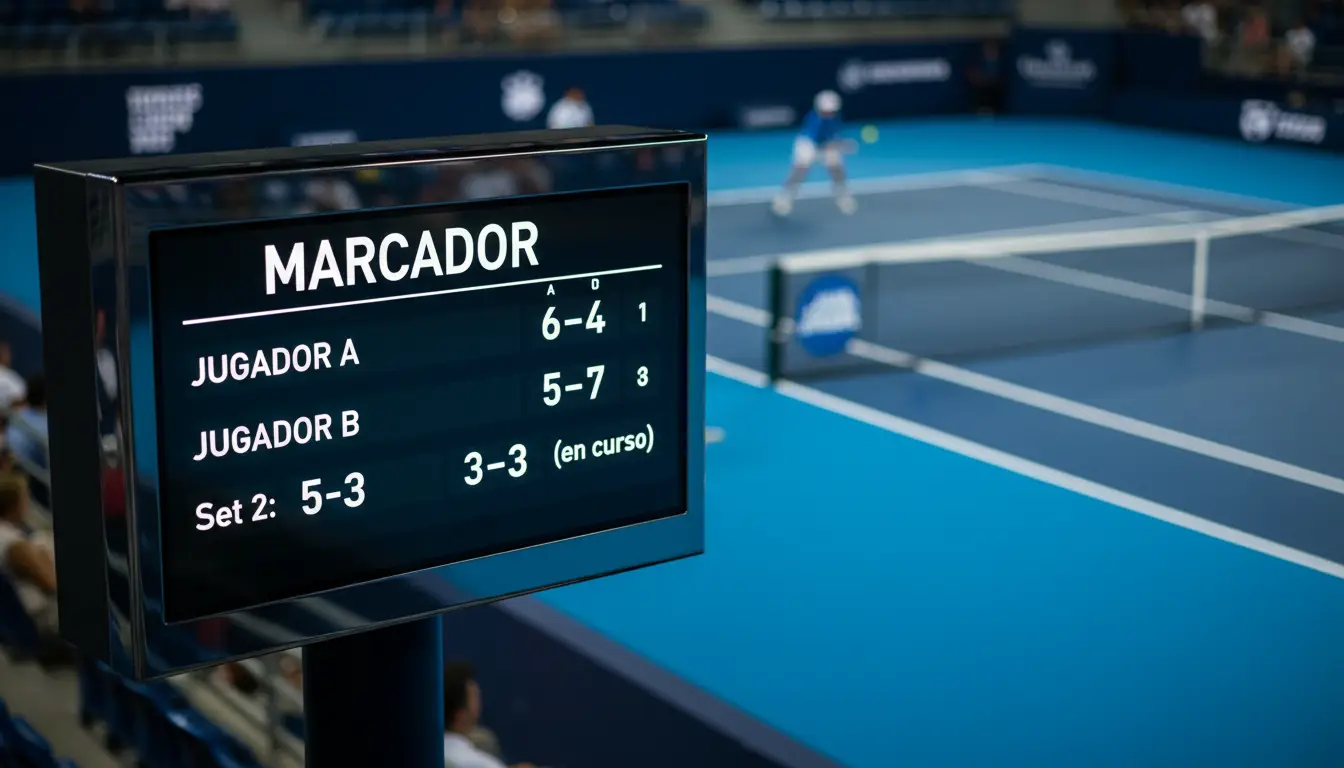 Marcador de un partido de tenis mostrando un resultado ajustado entre dos jugadores