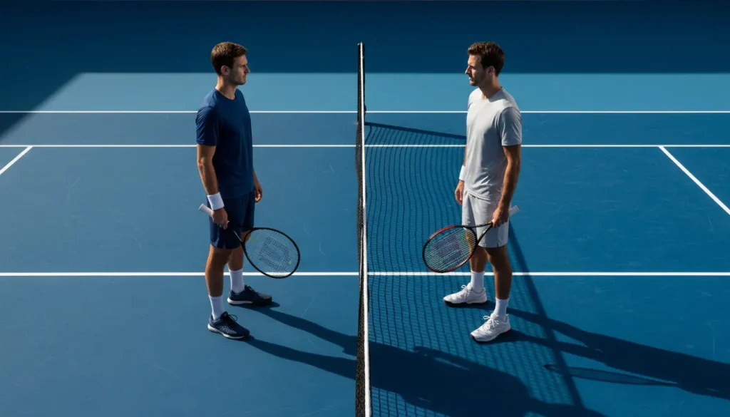Dos jugadores de tenis frente a frente separados por la red en una pista de tenis profesional