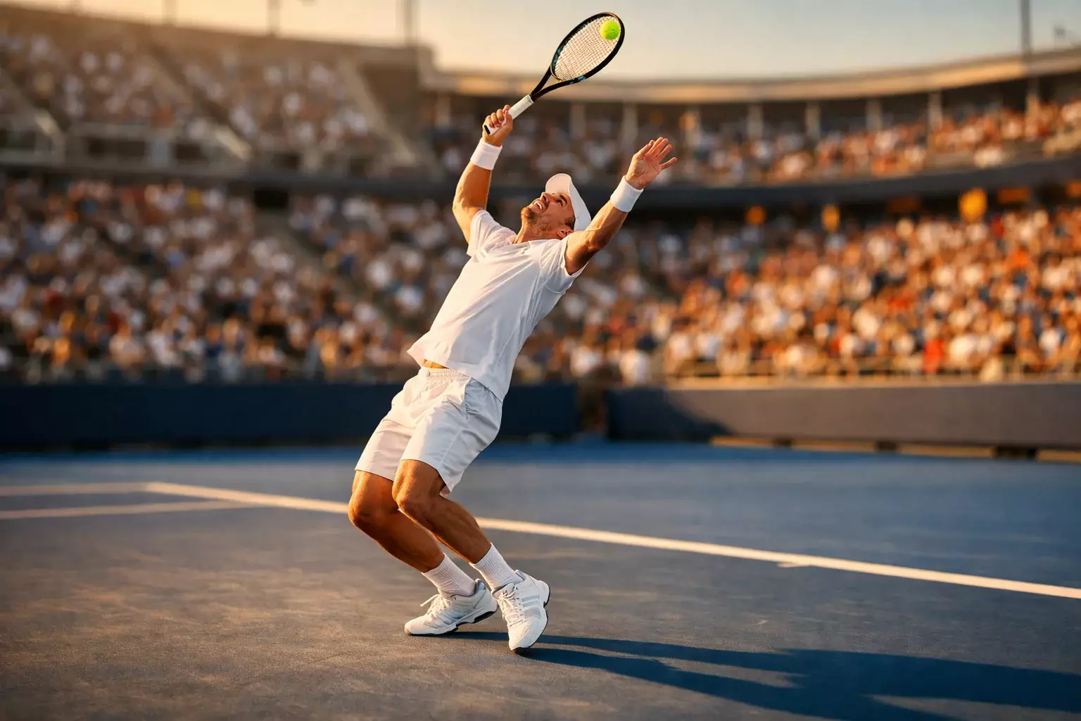 Tenista profesional ejecutando un saque potente en una pista de tenis iluminada