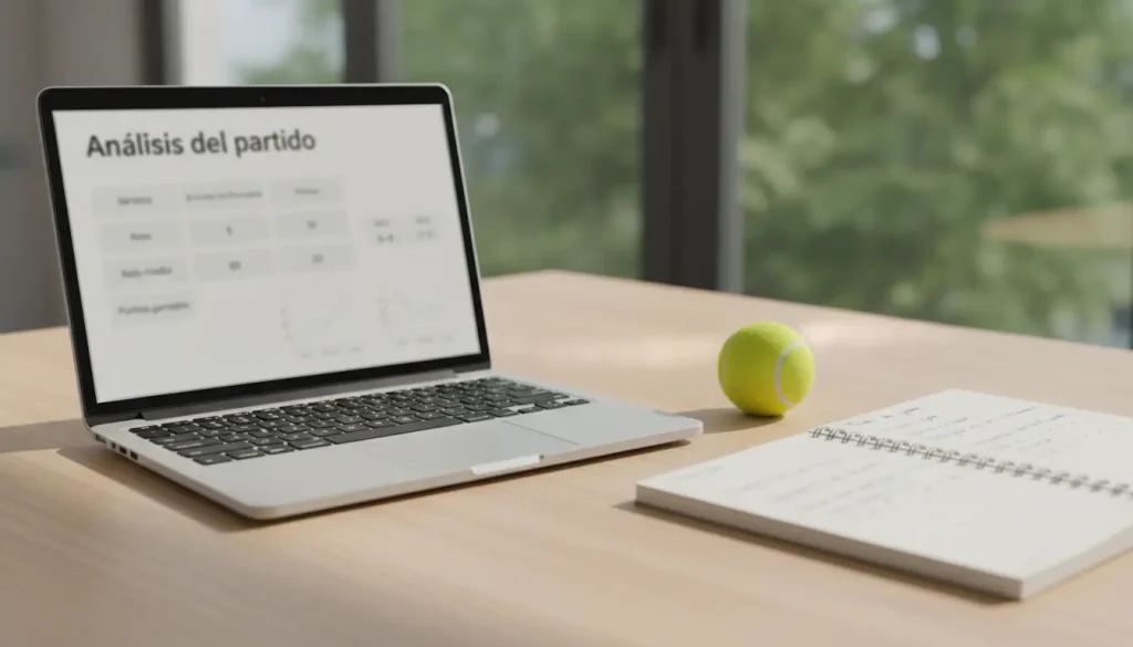 Pantalla de ordenador portátil mostrando gráficos y tablas de estadísticas con una pelota de tenis al lado