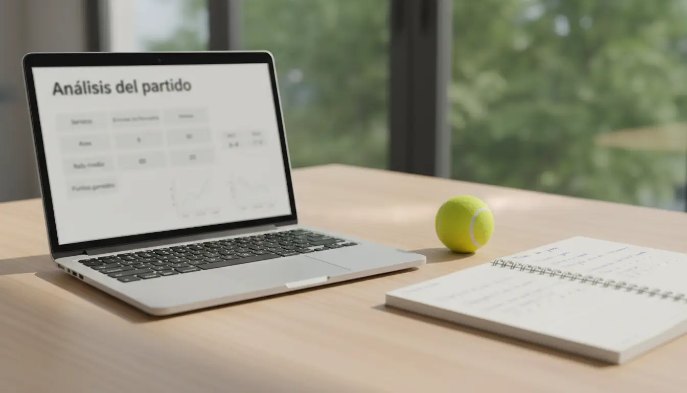 Pantalla de ordenador portátil mostrando gráficos y tablas de estadísticas con una pelota de tenis al lado