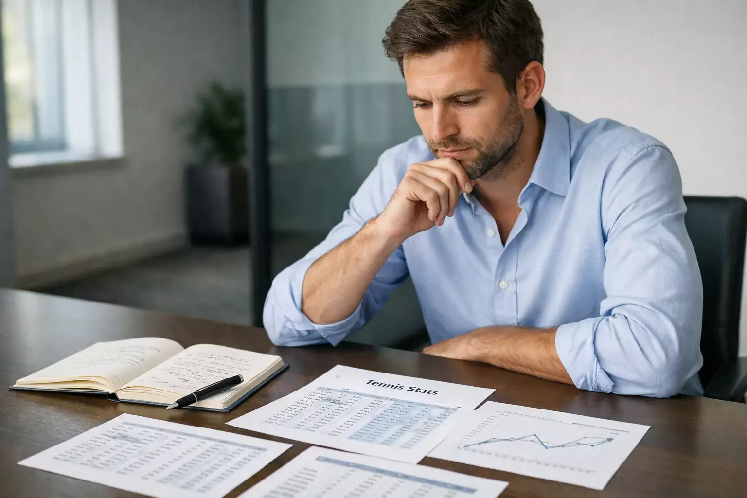 Persona analizando estadísticas de tenis con documentos y notas