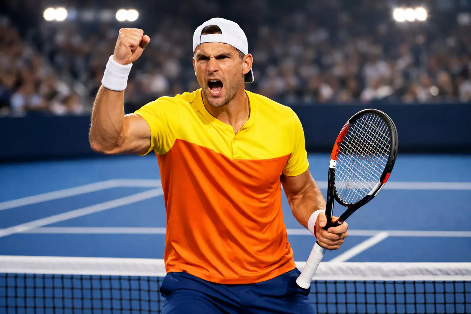 Tenista celebrando punto decisivo con gesto de victoria en partido ATP