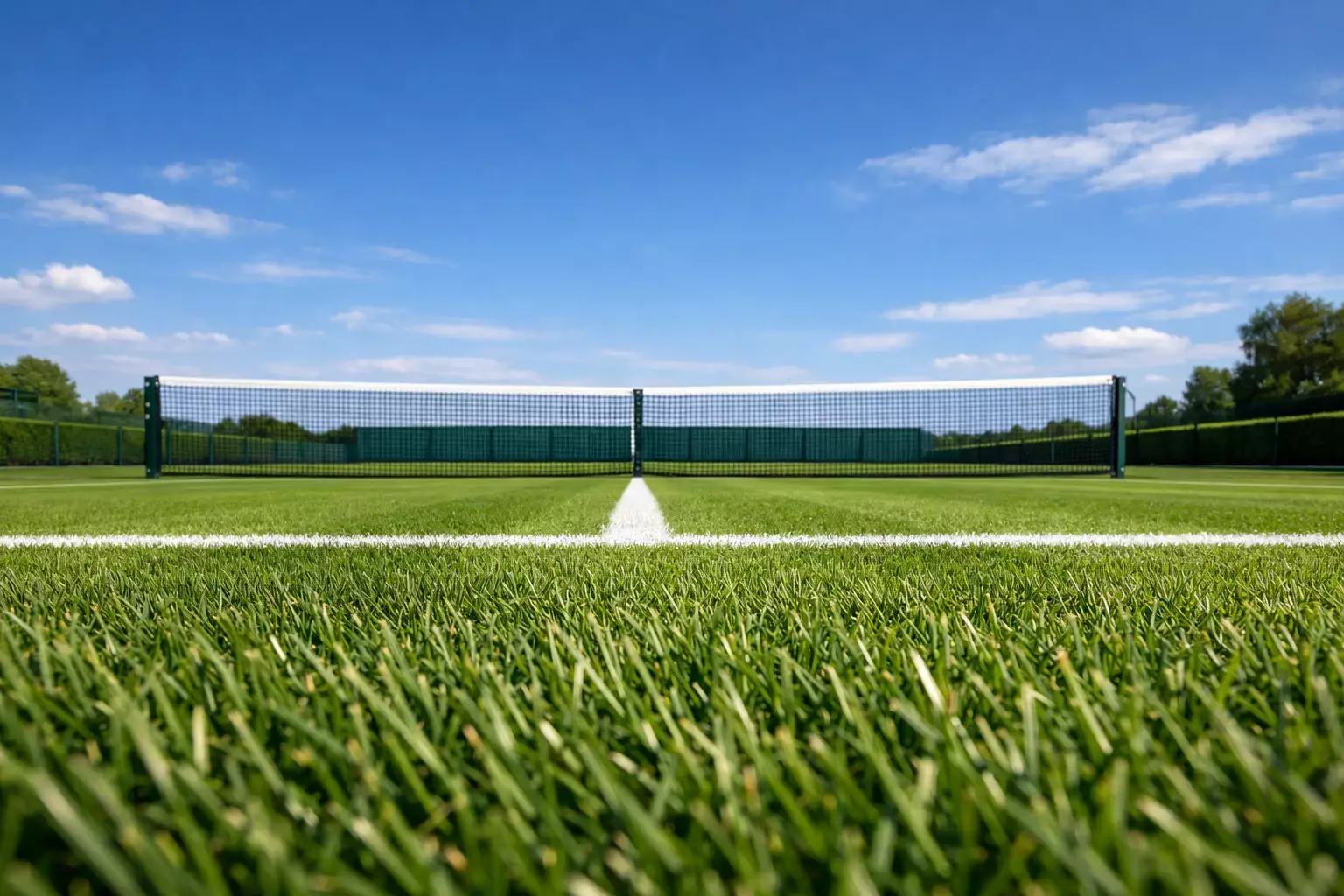 Vista panorámica de pista de tenis de hierba con líneas blancas marcadas