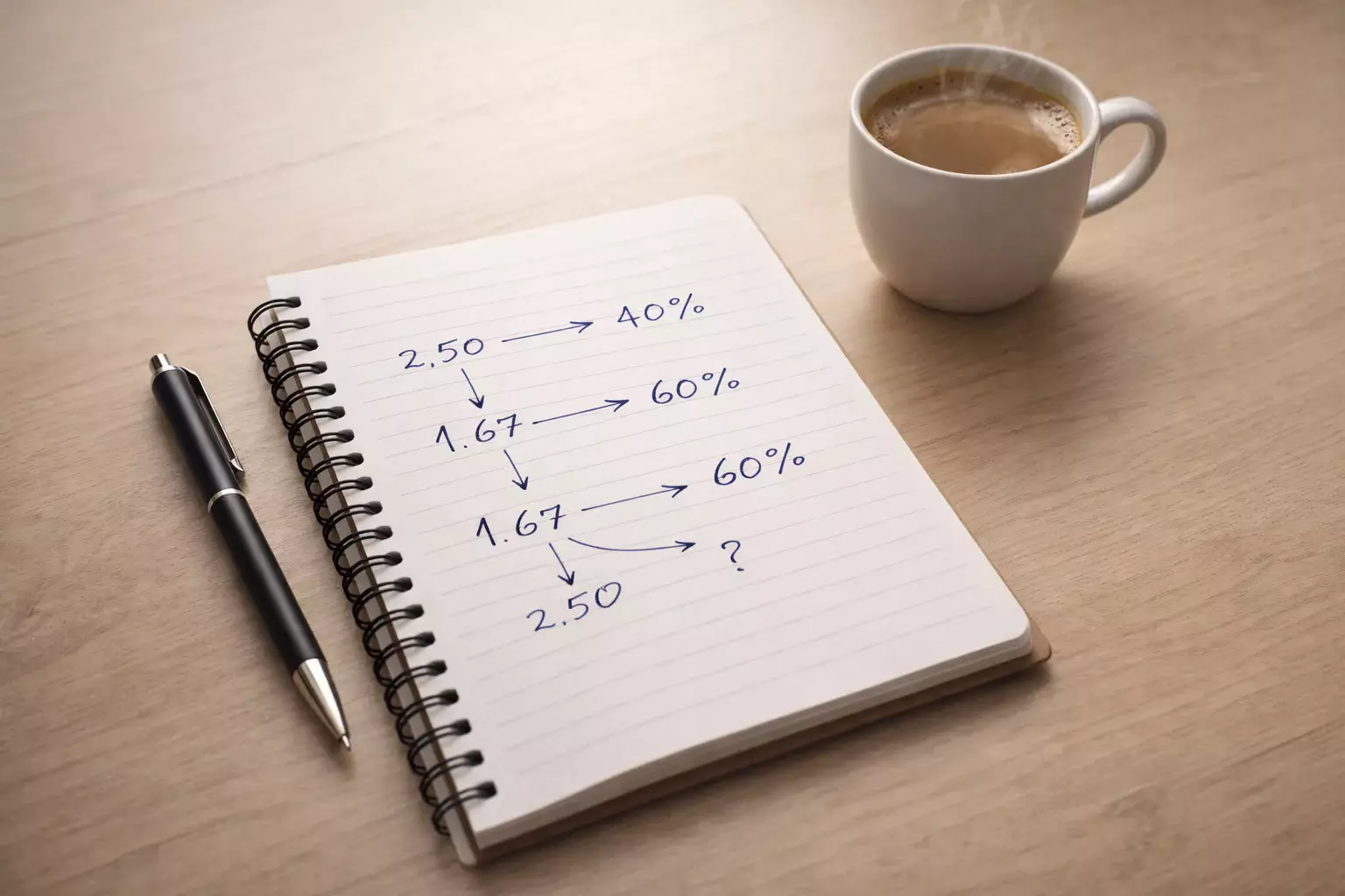 Cuaderno con cálculos de probabilidades y bolígrafo sobre escritorio