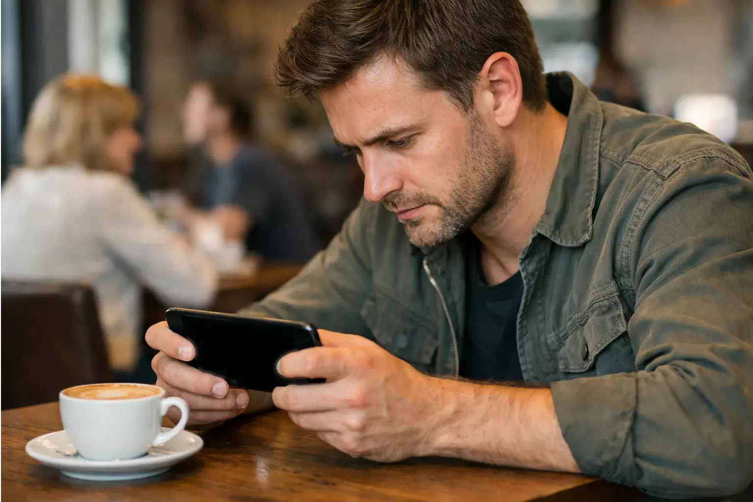 Aficionado concentrado siguiendo partido de tenis en smartphone