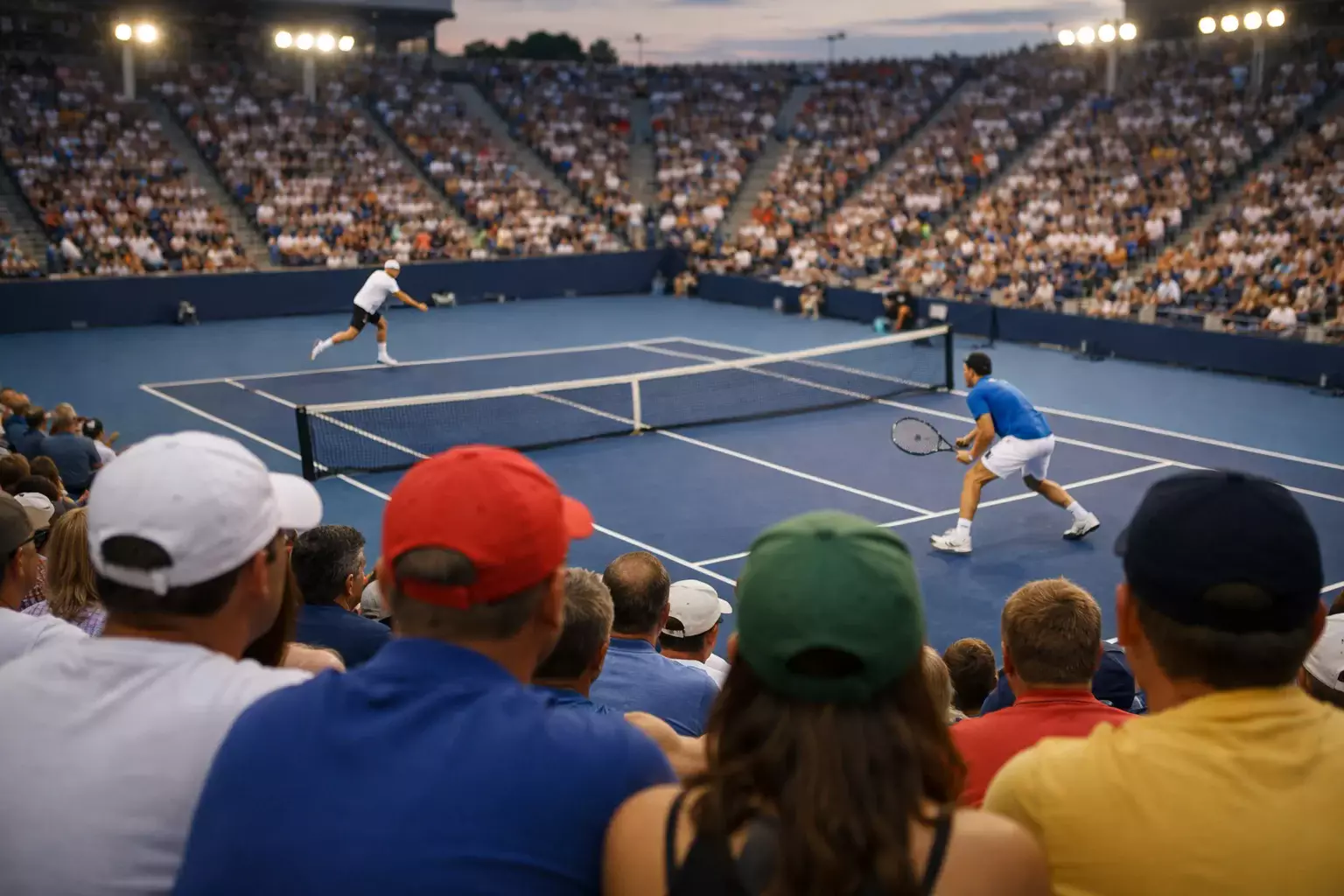Partido de tenis en directo con espectadores en las gradas del estadio