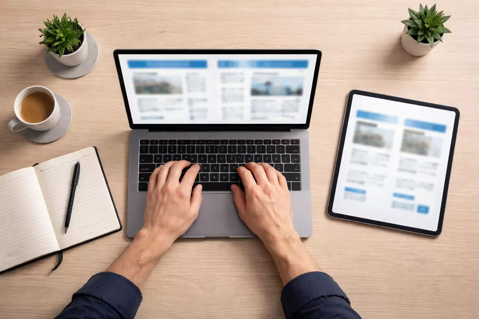 Persona comparando opciones en laptop y tablet simultáneamente