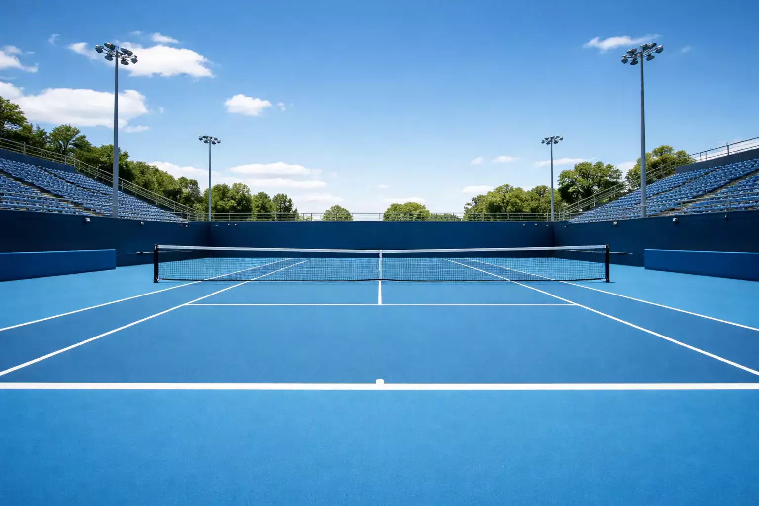 Pista de tenis de superficie dura azul bajo cielo despejado en Melbourne