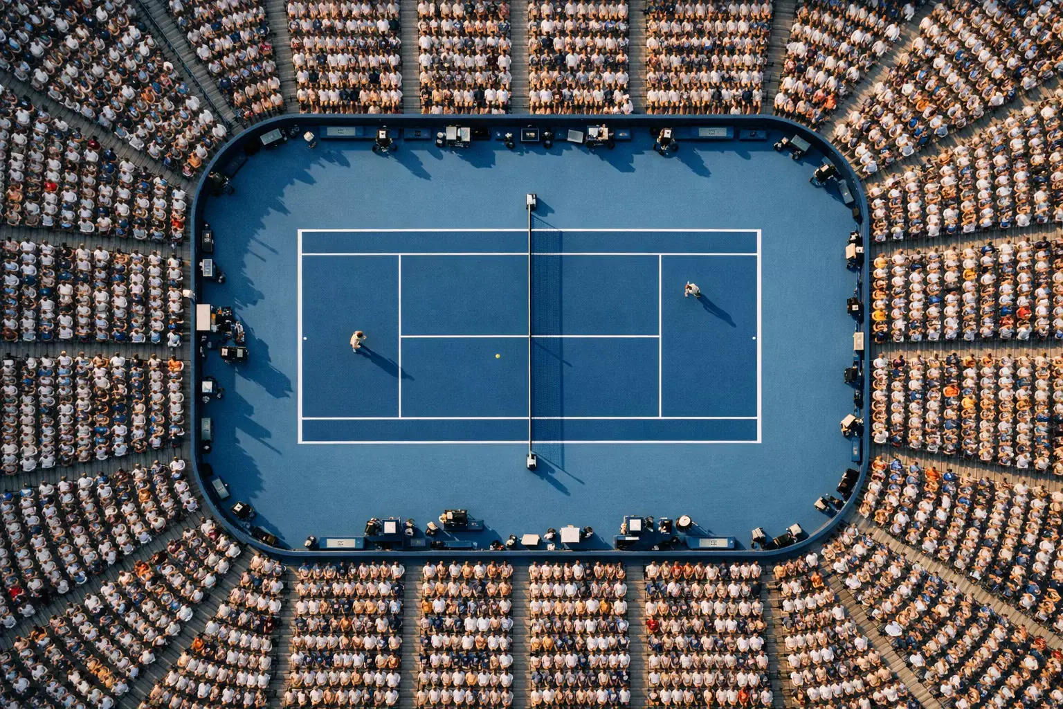 Vista aérea de estadio central de tenis lleno de espectadores durante final