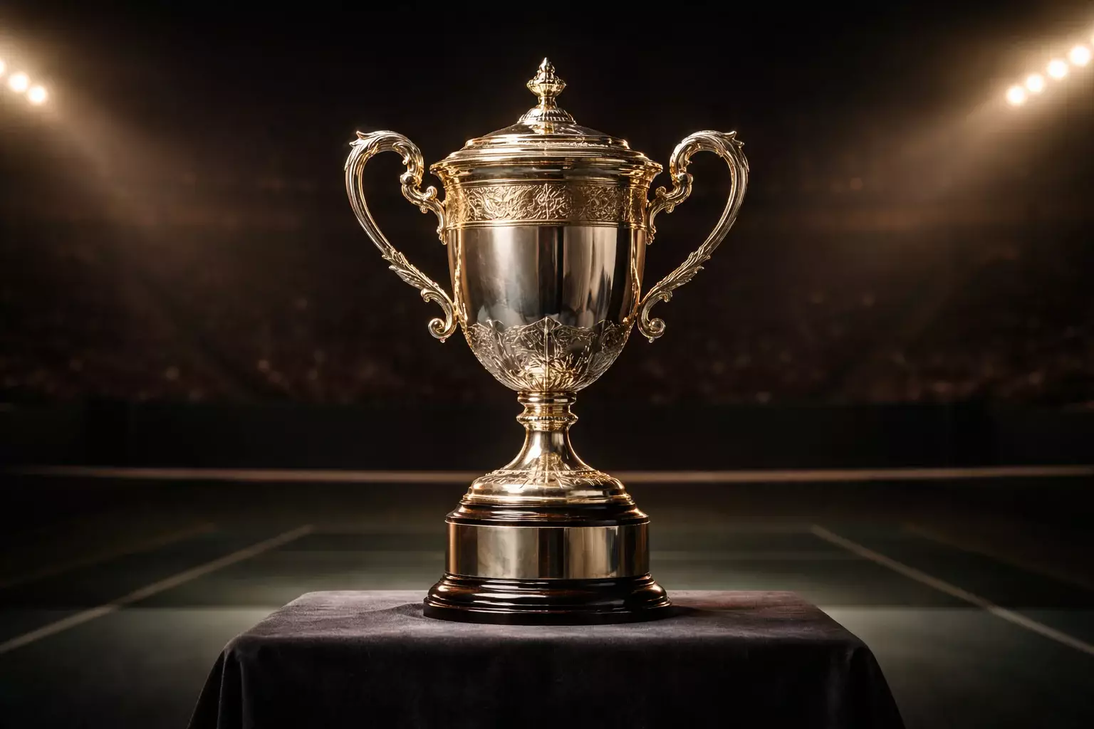 Trofeo de Grand Slam de tenis iluminado sobre pedestal en estadio vacío