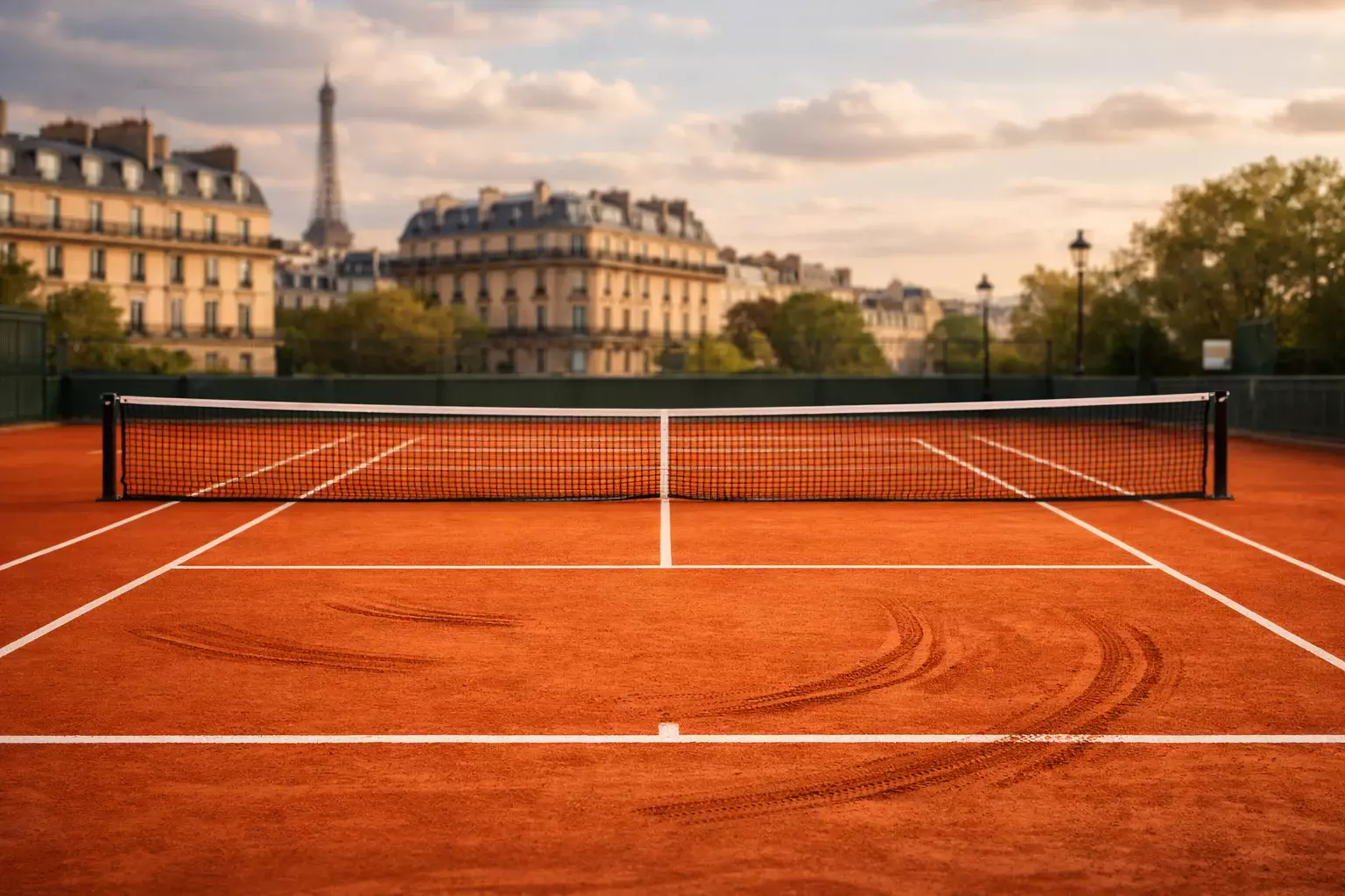 Pista de tierra batida naranja con líneas blancas en Roland Garros París