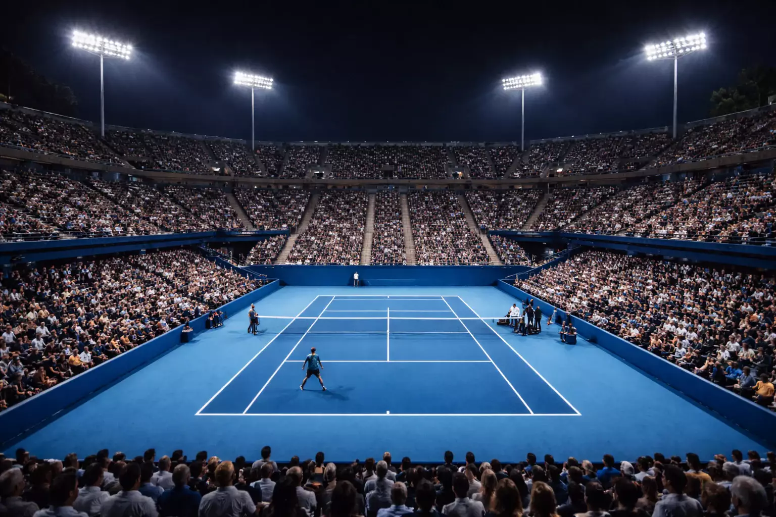 Estadio Arthur Ashe iluminado de noche durante partido de US Open
