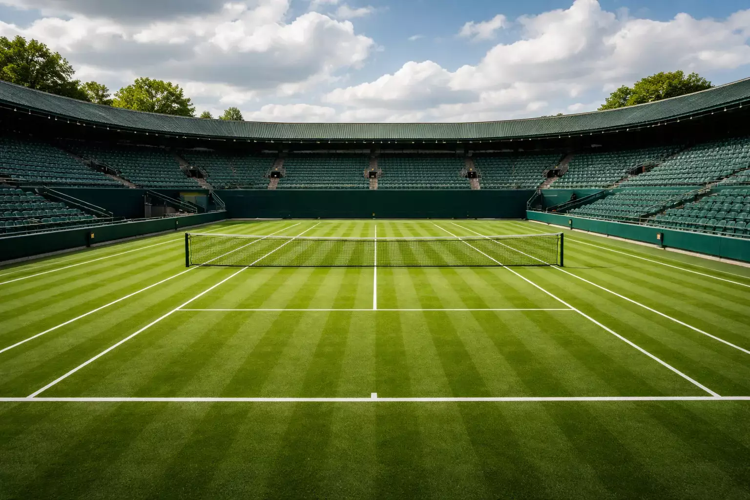 Pista de hierba verde perfectamente cortada en el estadio central de Wimbledon