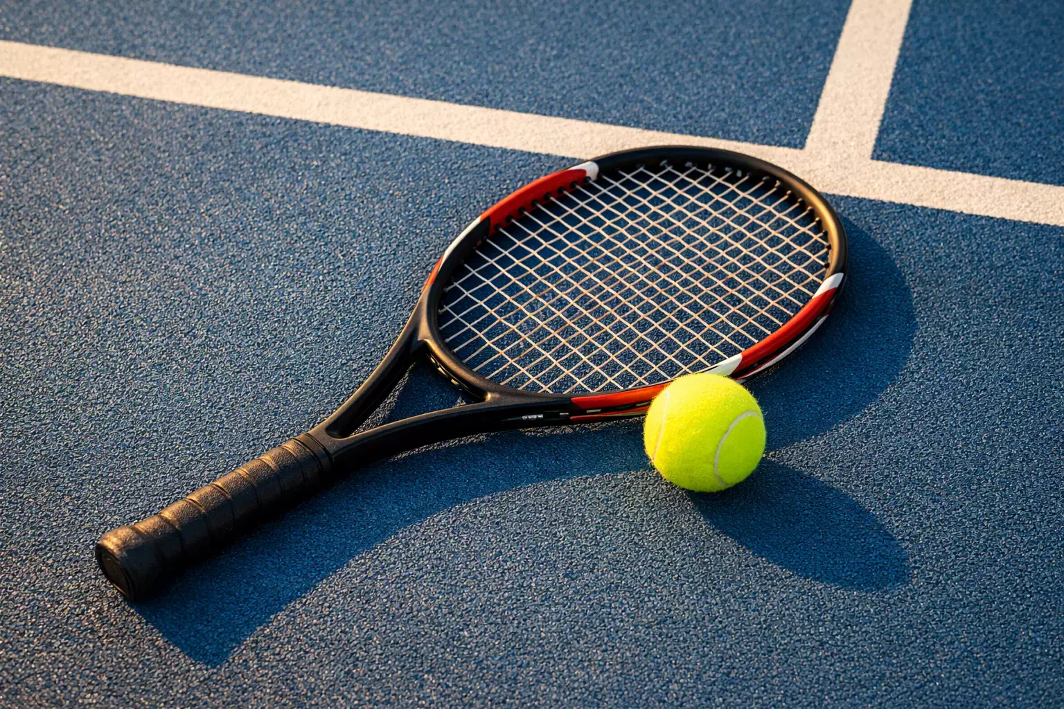 Raqueta de tenis y pelota sobre pista de superficie dura azul