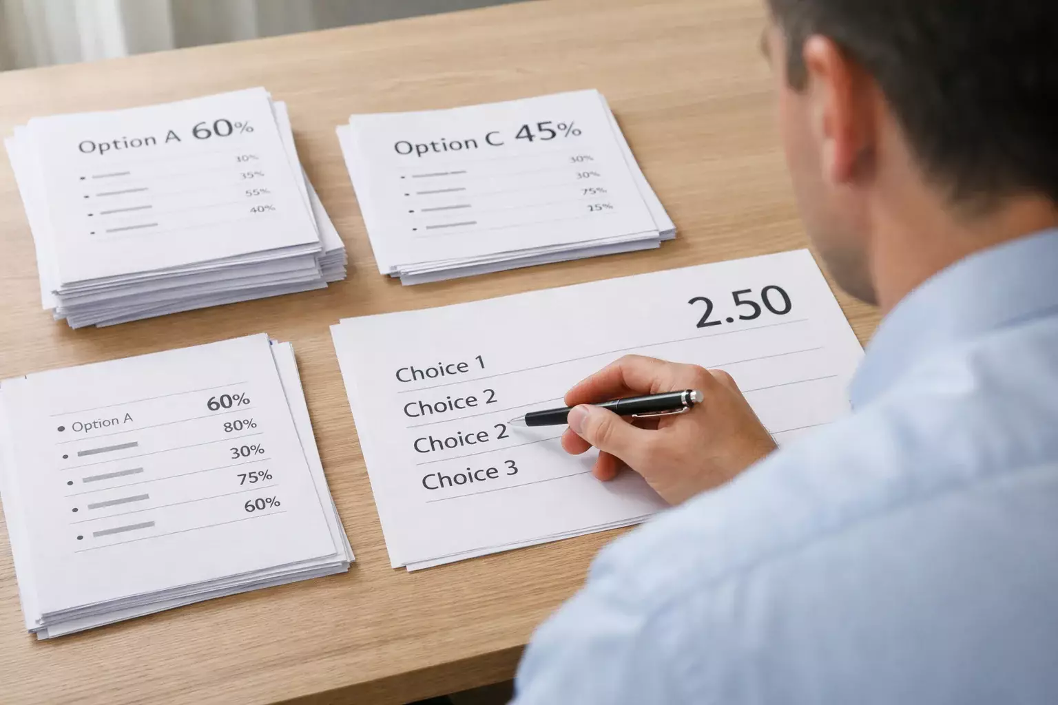 Persona estudiando documentos con listas de opciones y porcentajes