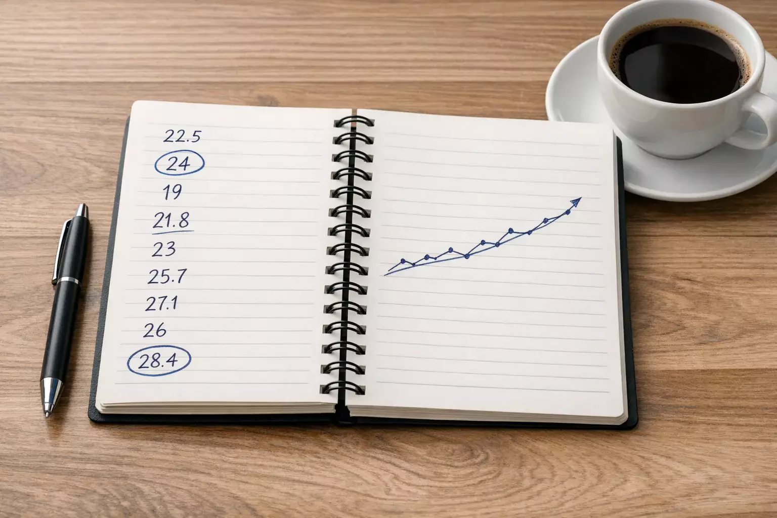 Cuaderno abierto con anotaciones numéricas y línea de tendencia dibujada