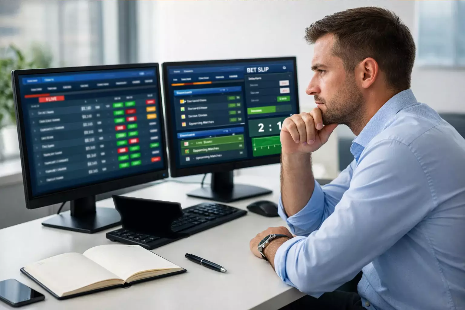 Analista deportivo revisando gráficos de rendimiento en múltiples pantallas