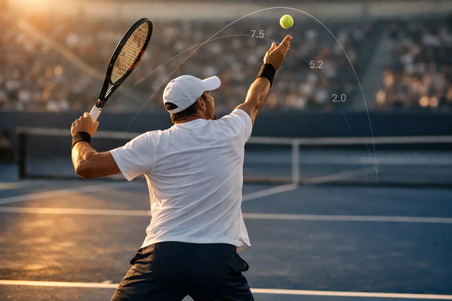 Tenista profesional preparando el saque en pista de tenis con estadísticas superpuestas