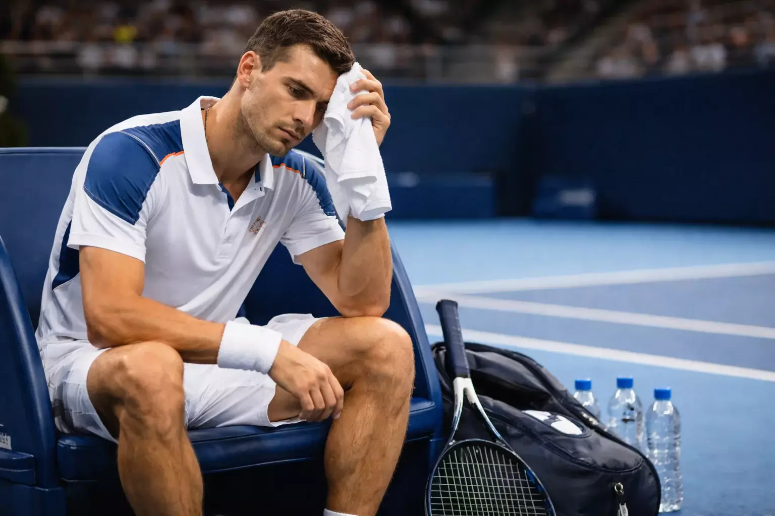 Tenista concentrado secándose el sudor durante descanso en cambio de lado