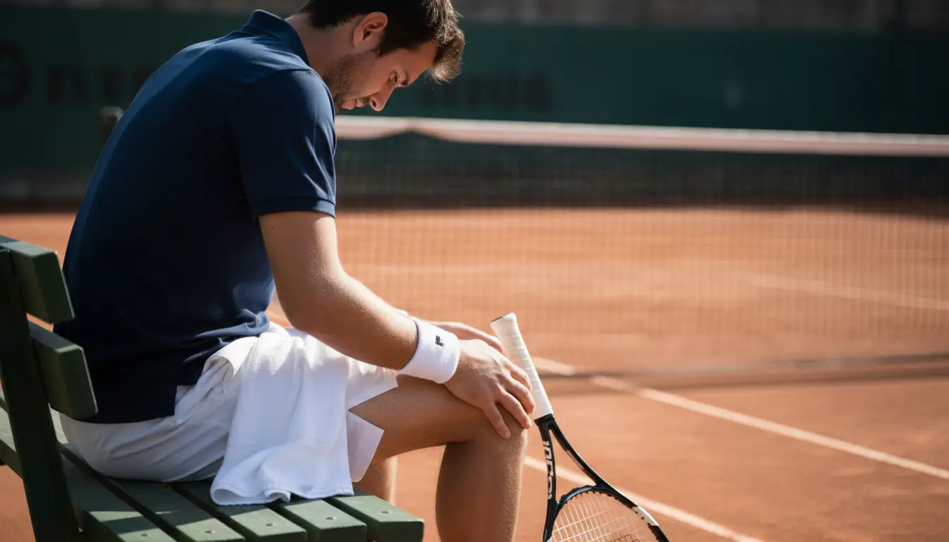 Jugador de tenis sentado en el banquillo tocándose la rodilla con una toalla y una raqueta al lado