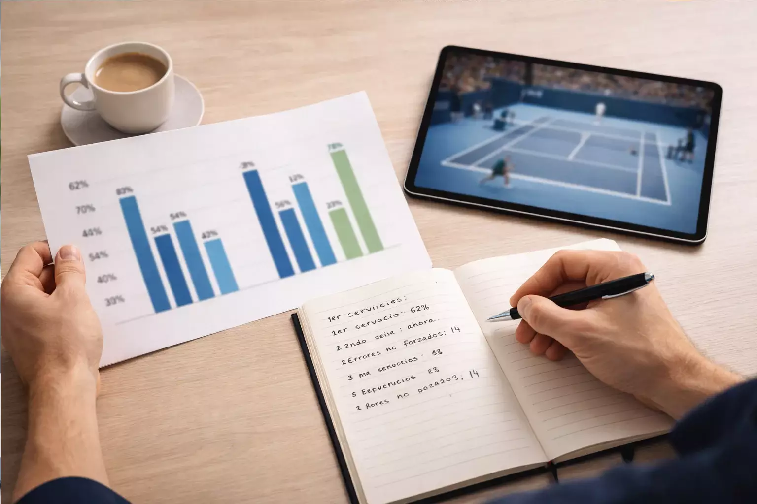Persona analizando estadísticas de tenis con documentos y gráficos en una mesa