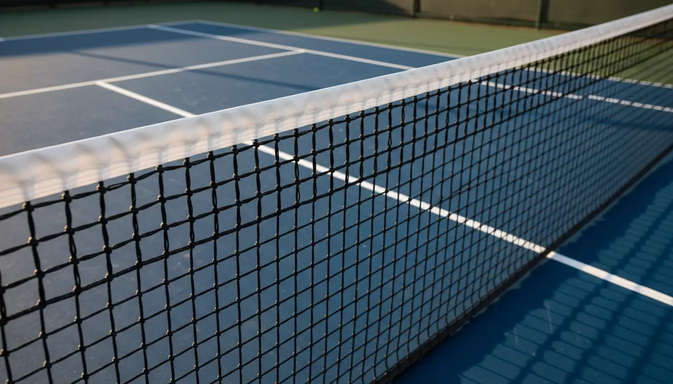 Red de tenis vista de cerca en una pista dura con líneas blancas bien marcadas