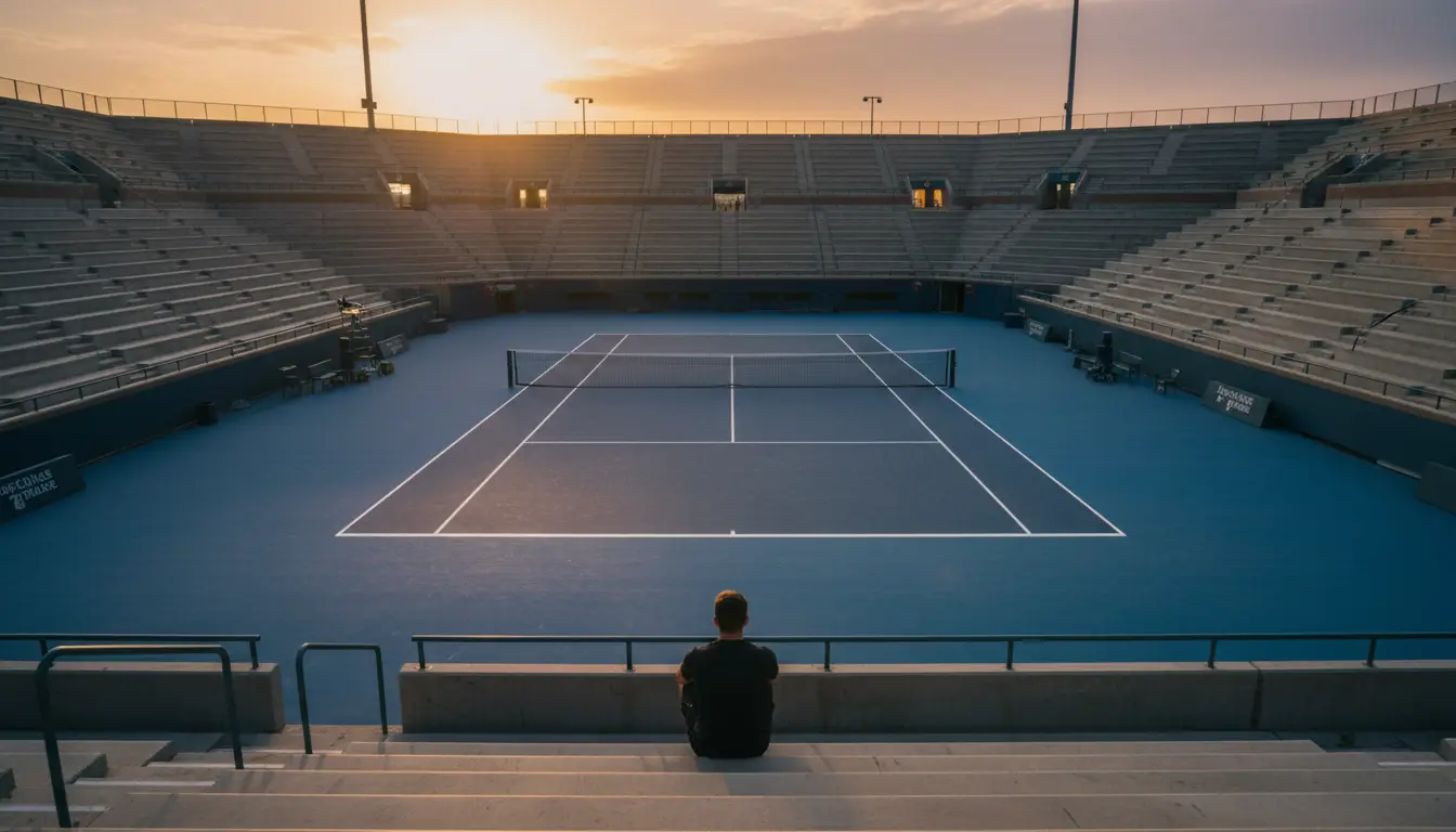 Persona sentada de espaldas mirando una pista de tenis vacía con luz de atardecer
