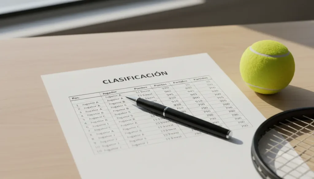 Tabla de clasificación de tenis impresa sobre una mesa con un bolígrafo señalando una posición