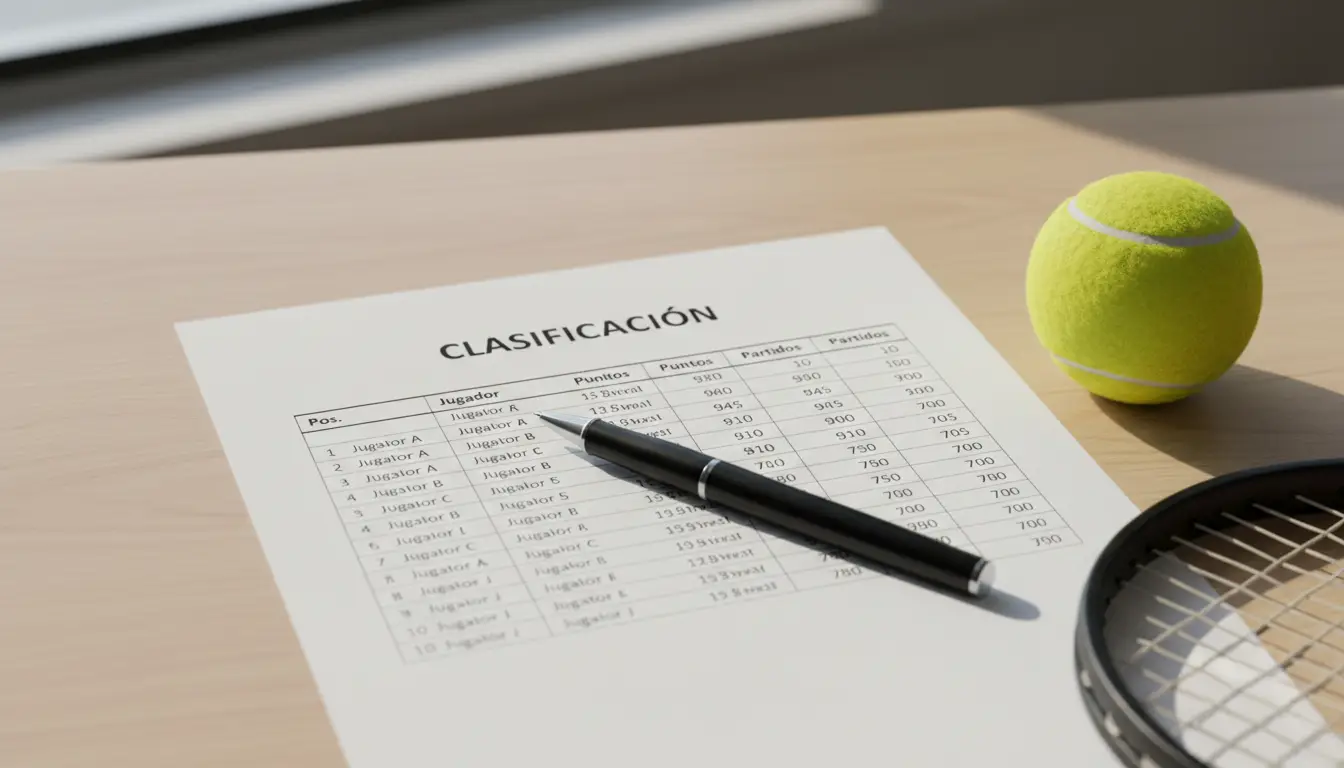 Tabla de clasificación de tenis impresa sobre una mesa con un bolígrafo señalando una posición