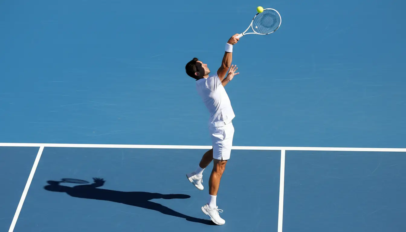 Jugador de tenis en el momento exacto del golpeo de saque con la pelota en el aire